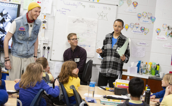 Children sharing ideas in a theatre workshop 